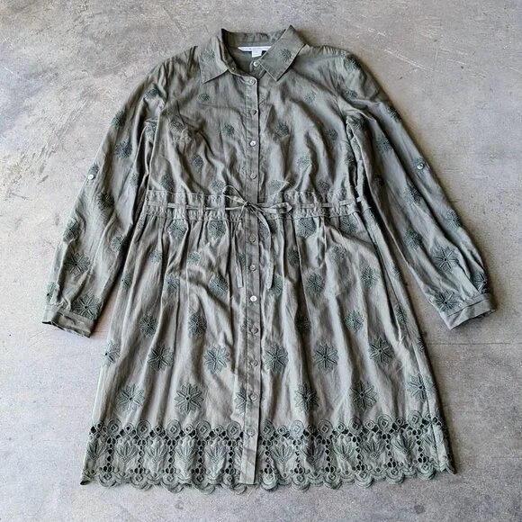 Diane Von Furstenberg Olive Green Floral Embroidered Long Sleeve Shirt Dress